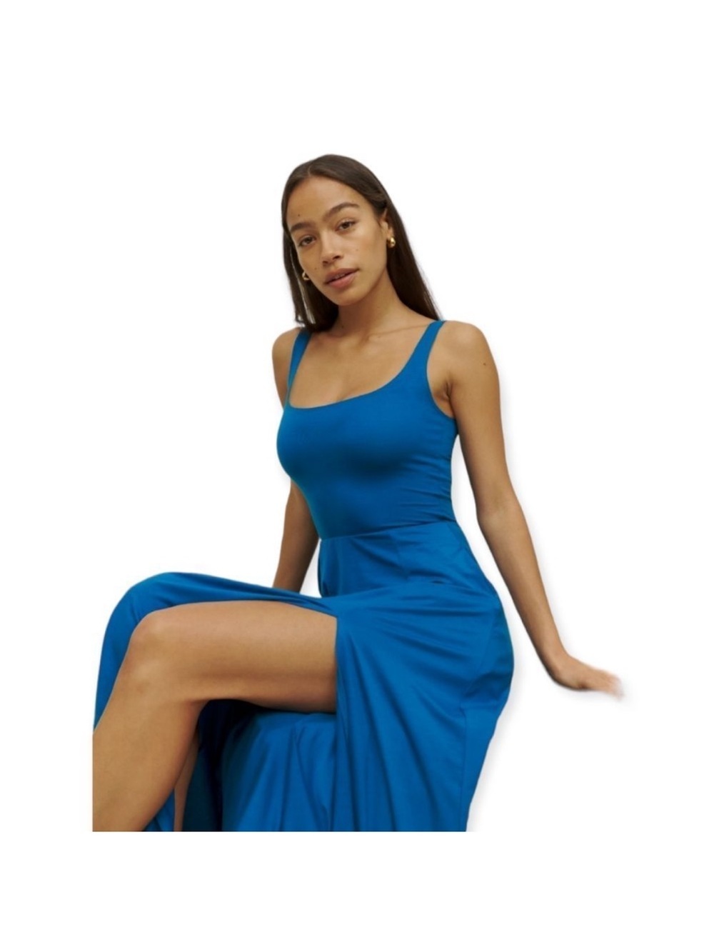 Reformation Allison Knit Maxi Dress Small Blue TENCEL Scoop Neck  Pockets
